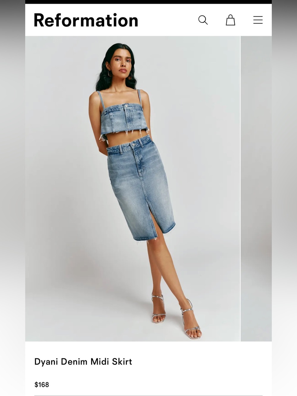 Reformation Dyani Denim Midi Skirt, size 26. In Manzanita. Like new condition!